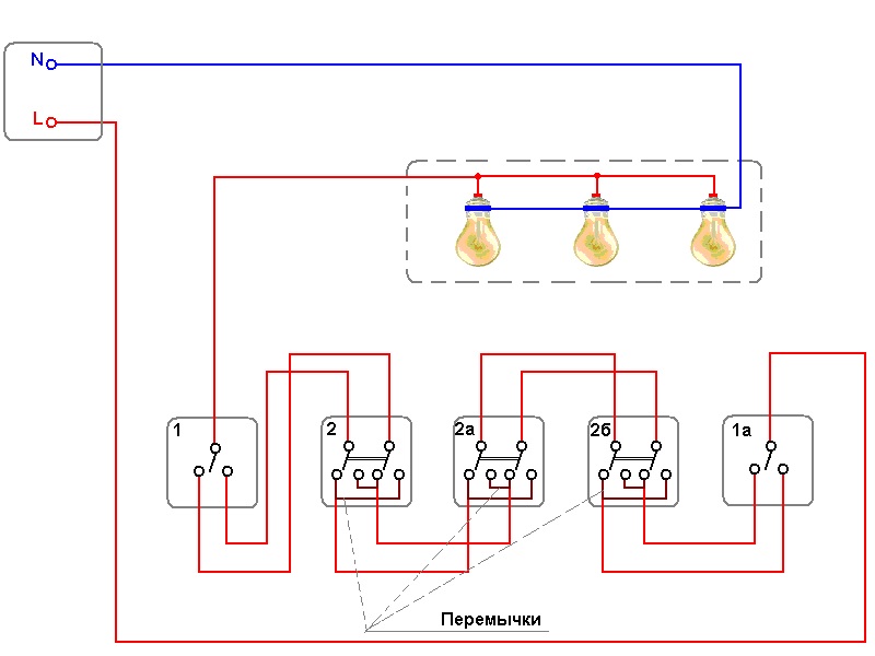 Схема подключения проходного выключателя: подключаем пошагово с двух и трех мест