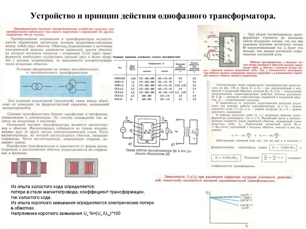 Работа однофазного трансформатора