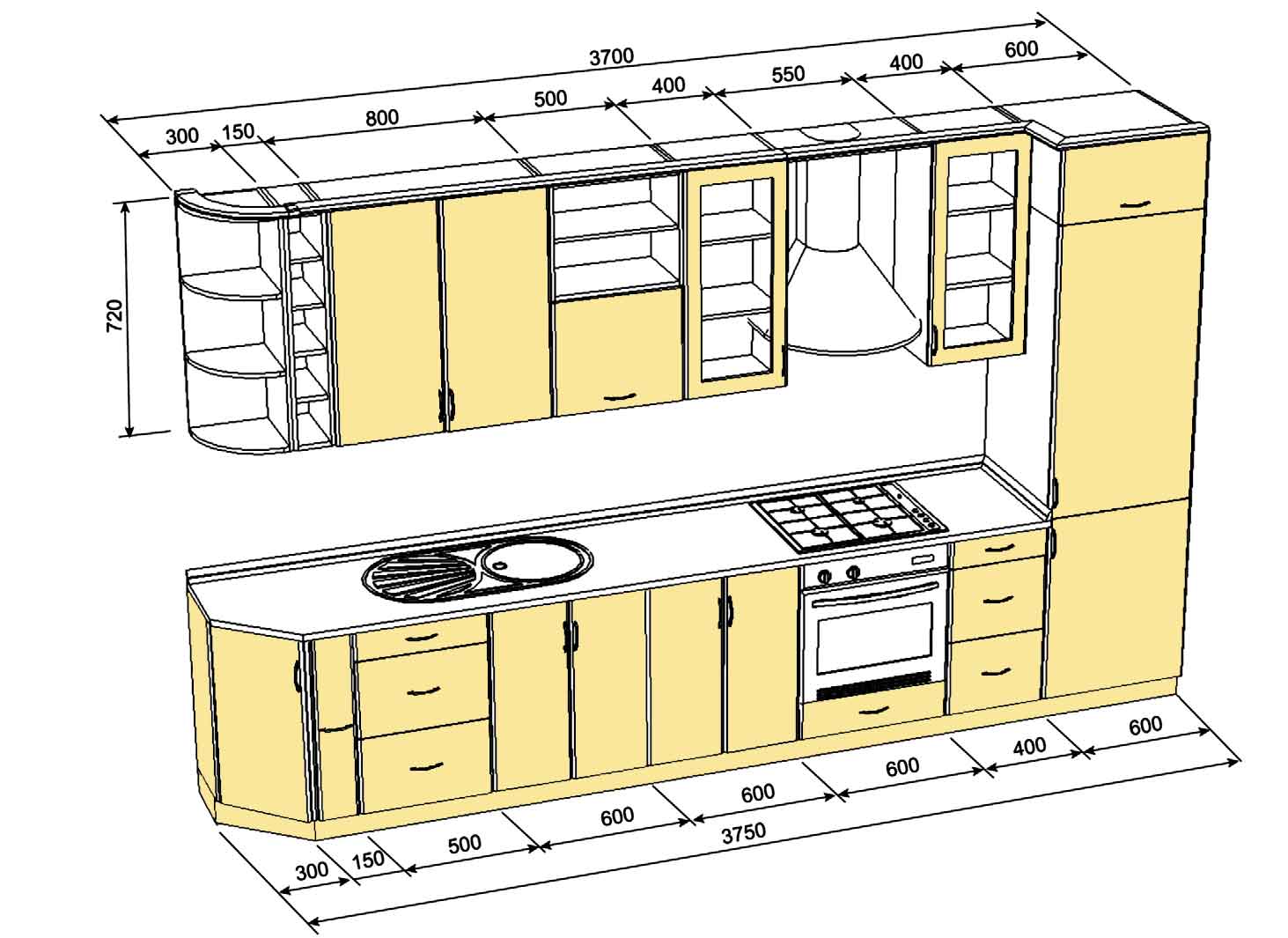 Проект прямой кухни с размерами