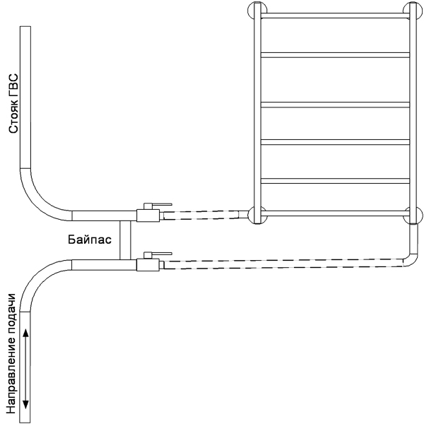 Схема подключения полотенцесушителя к стояку горячей воды в квартире с нижним подключением
