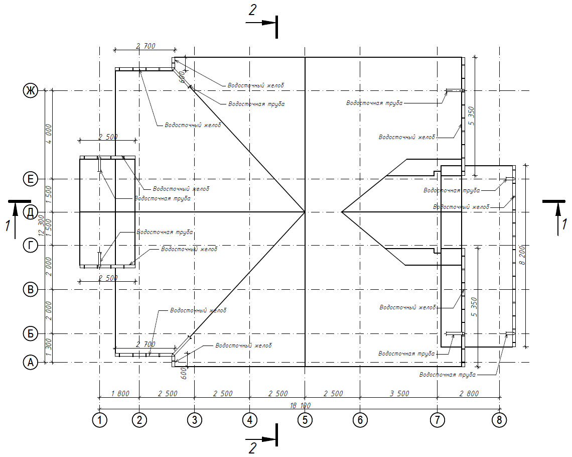 План кровли с водосточной системой