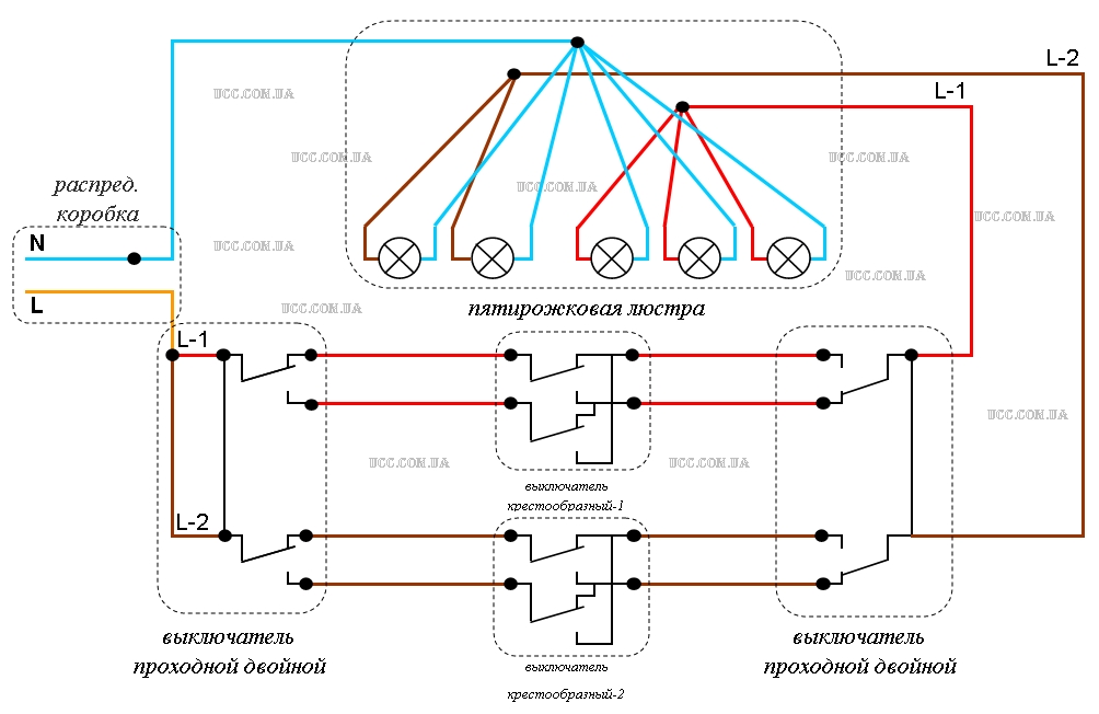Схема проходного выключателя на 3 точки