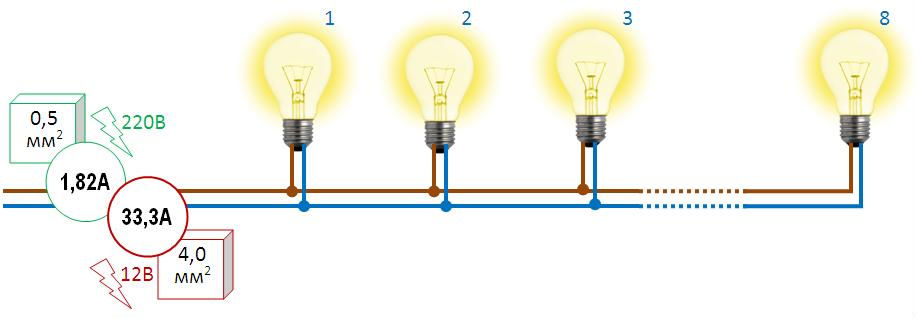 Схема подключения светильников последовательно и параллельно