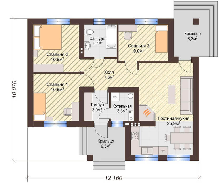 Планировка 1 этажного дома с тремя спальнями