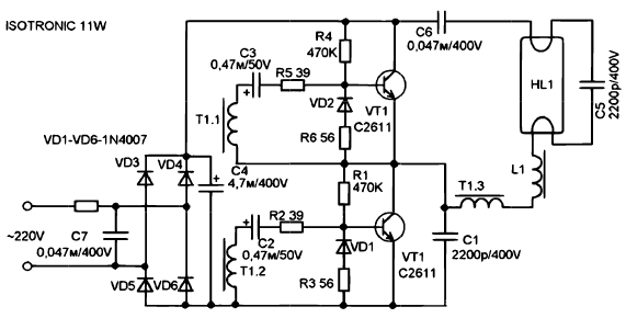 Схема энергосберегающей лампы на полевых транзисторах