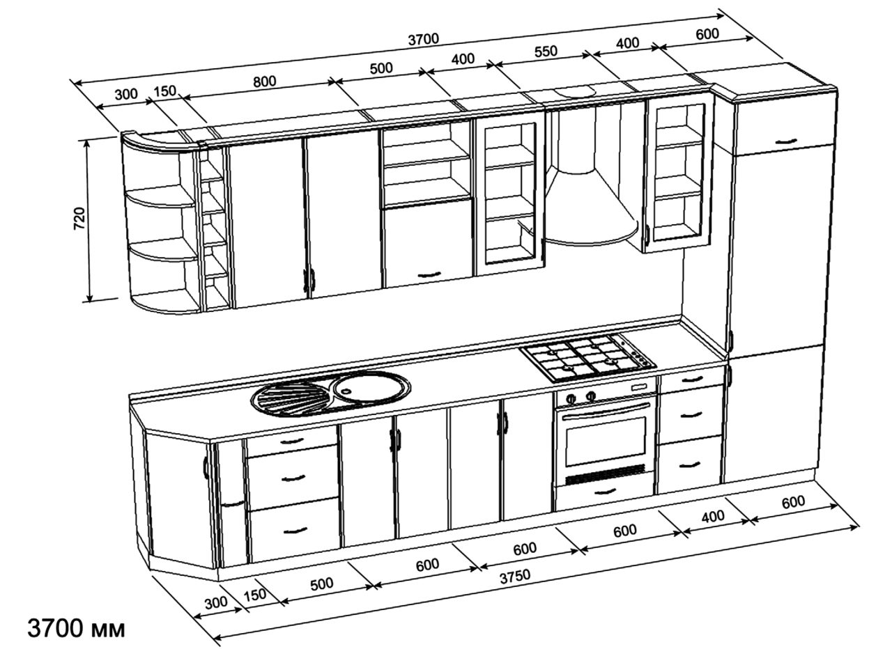 Размеры кухонного гарнитура стандарт чертеж