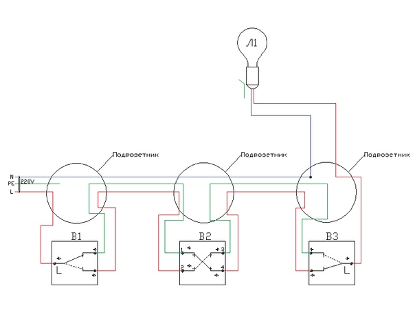 Схема подключения проходного выключателя: подключаем пошагово с двух и трех мест
