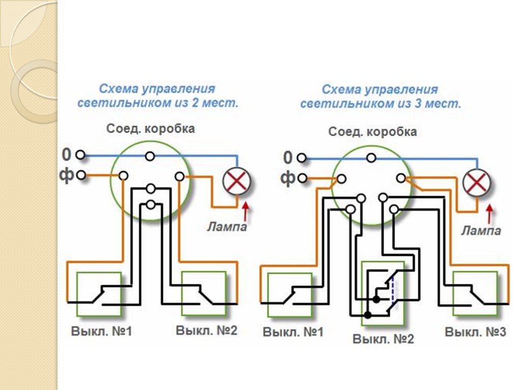 Схема освещения с двумя выключателями из разных мест