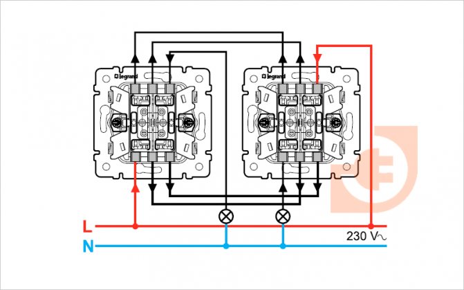 Схема подключения двухклавишного проходного выключателя с 2х мест