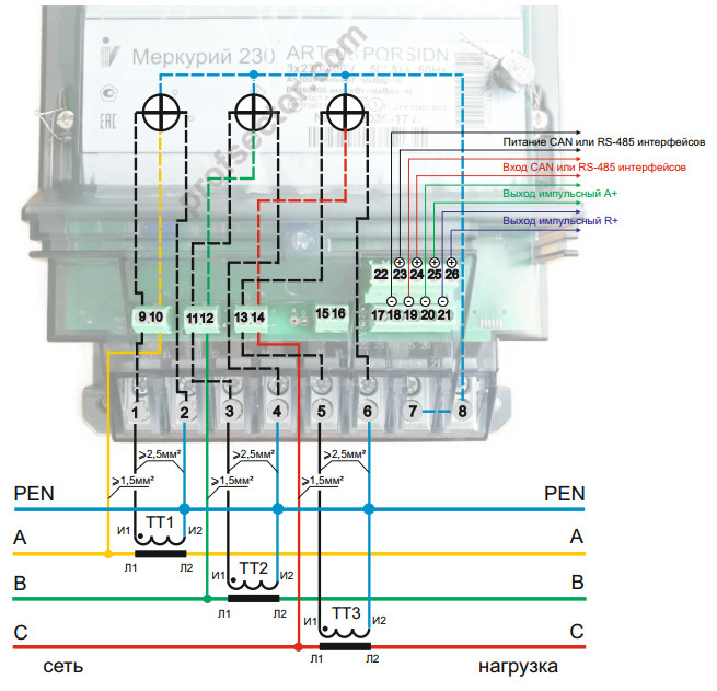 Схема подключения трехфазного счетчика меркурий 230 прямого включения