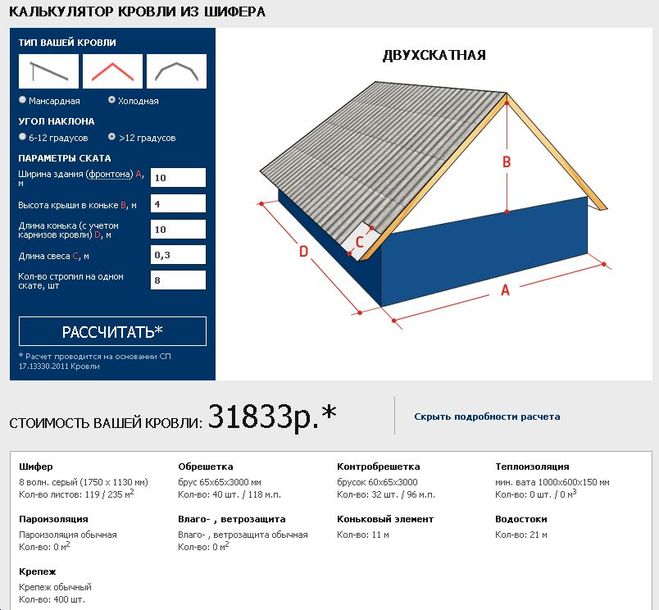 расчет шифера по площади крыши