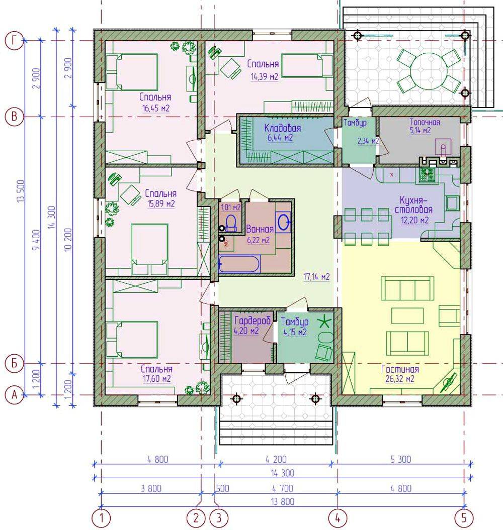 План 1 этажного дома с 4 спальнями