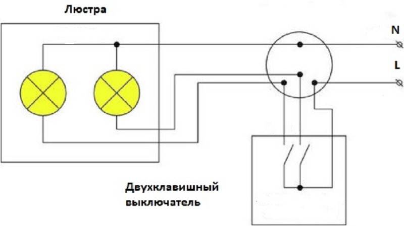 Двухклавишный выключатель две лампочки. Схема подключения подключения двойного выключателя. Схема подсоединения двойного выключателя на 3 лампочки. Схема подключения 2 лампы с двойным клавишным выключателем. Схема 3 ламповой люстры с 2 выключателями.