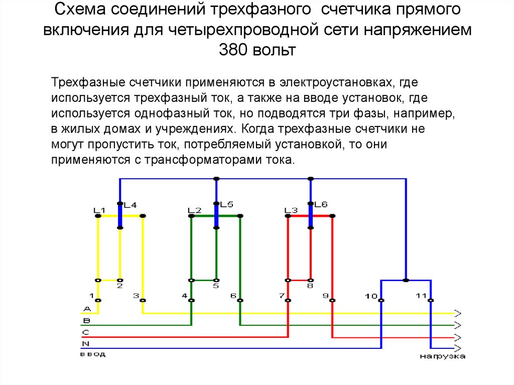 Полукосвенное подключение трехфазного счетчика схема