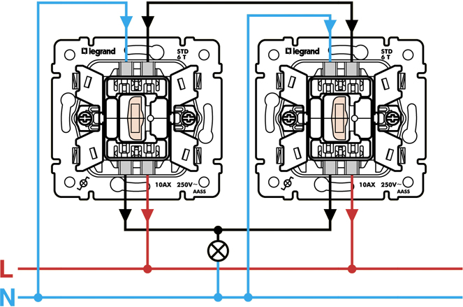 Схема подключения проходного выключателя с 2х мест легран