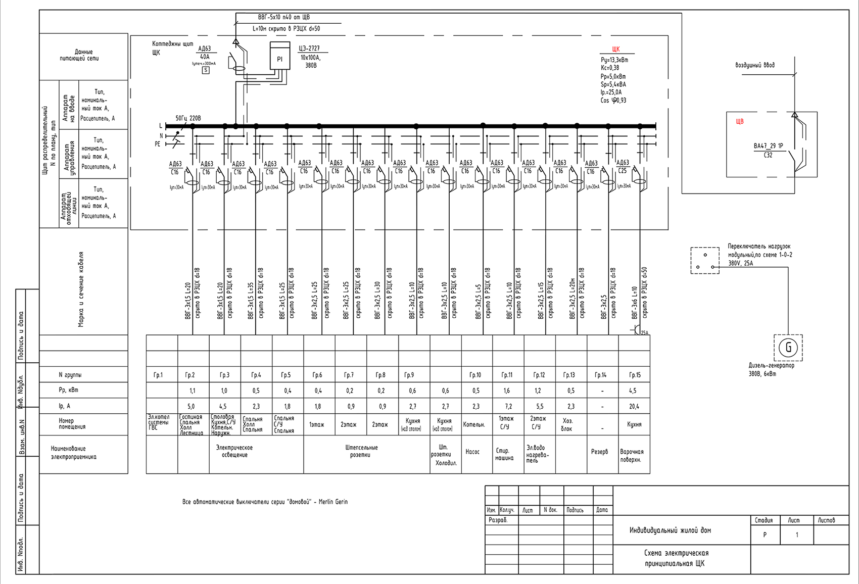 Электрическая схема частного дома 380в 15квт