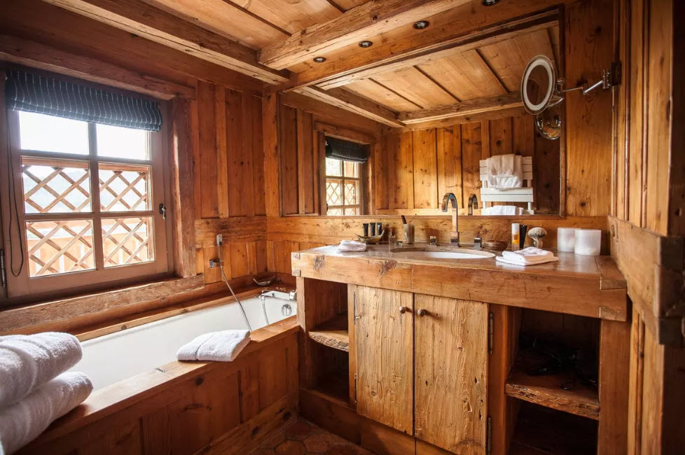 Устройство ванной комнаты в доме из дерева