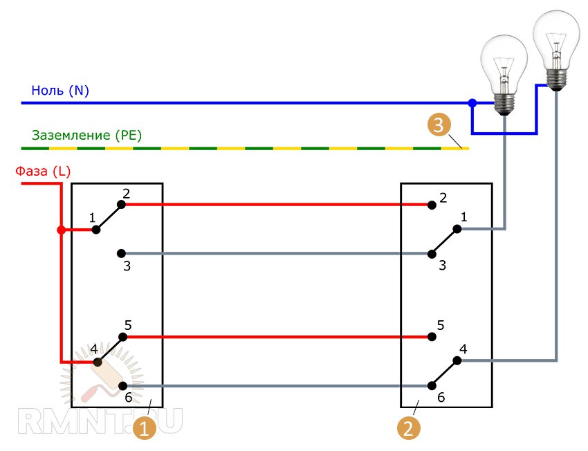 Схема подключения проходного выключателя: подключаем пошагово с двух и трех мест