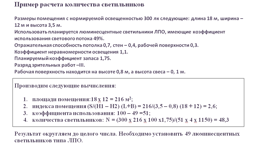 площадь помещения и искусственное освещение