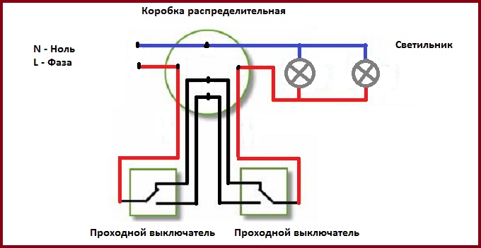Как подключить проходной выключатель из двух мест