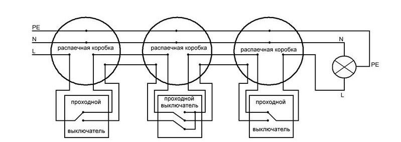 Тройной проходной выключатель схема подключения на 3 точки